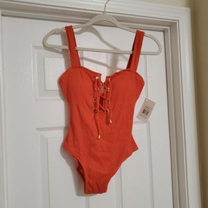 Kensie Coral Ribbed Swimsuit Gold Accents